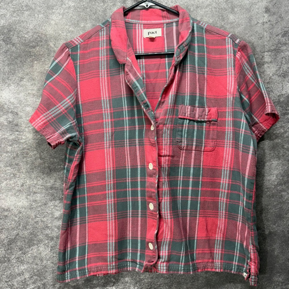 Pact Plaid Button Up Shirt Womens M Red Organic Cotton Short Sleeve